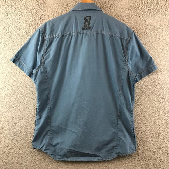 HARLEY DAVIDSON DARK KUSTOM MENS L BUTTON FRONT BLUE HDMC SHIRT - Picture 2 of 8